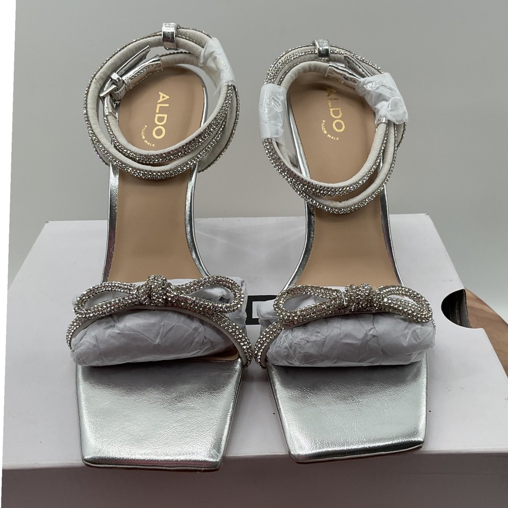 ALDO‎ Silver Rhinestone Bow Square Toe Stiletto Sandals Pillow Walk Womens 8 NEW